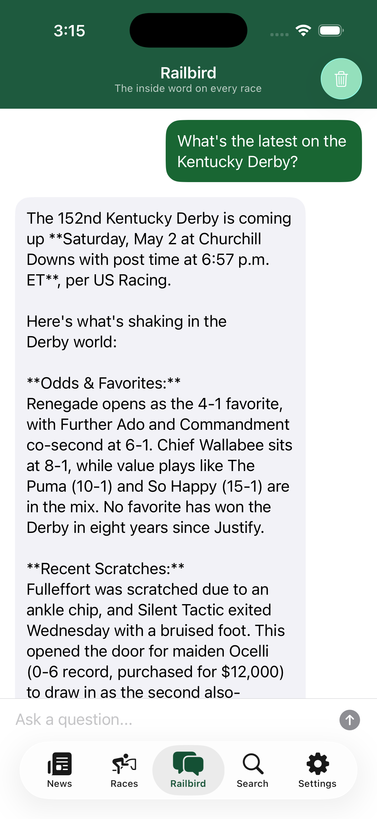 Railbird AI chatbot conversation